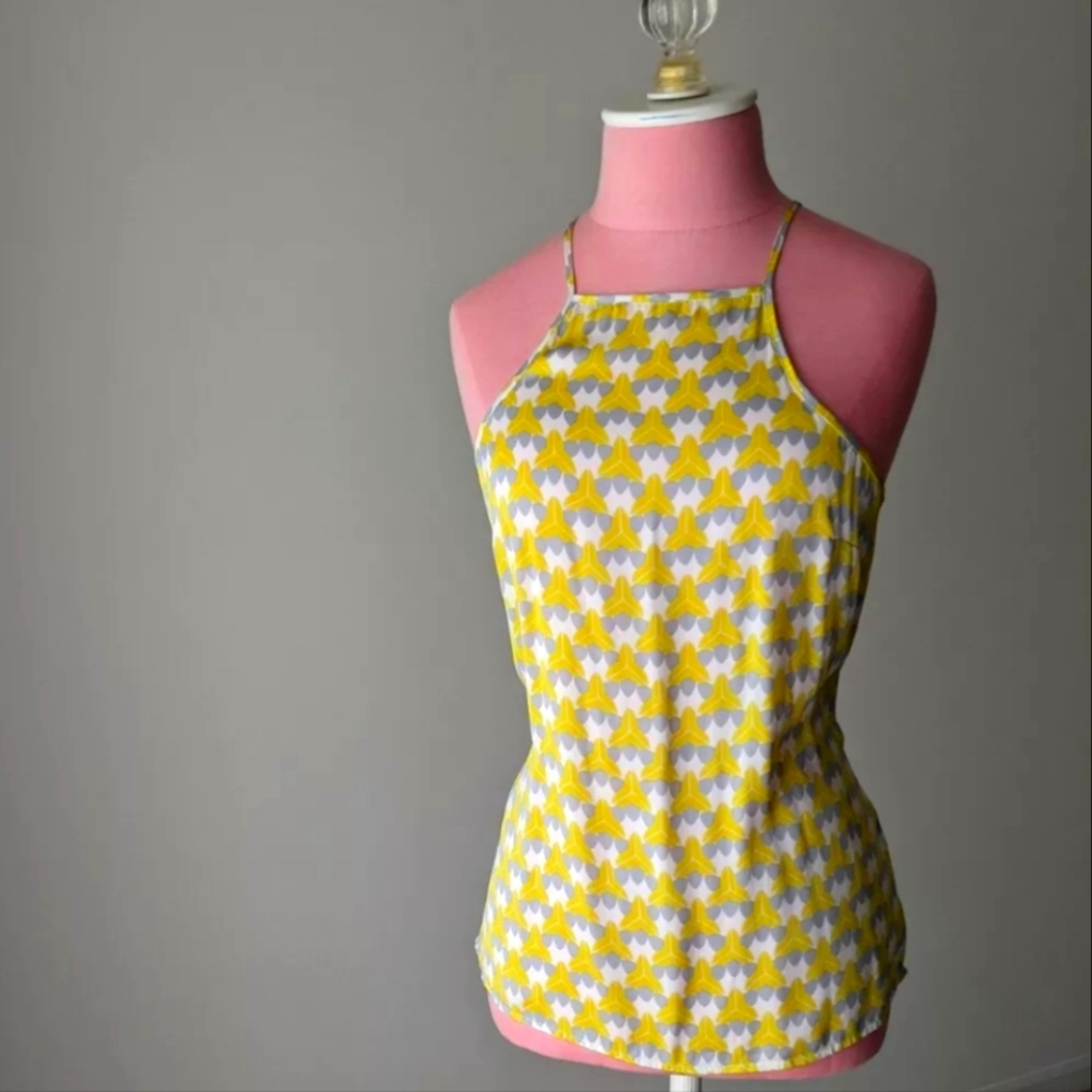 Banana Republic Milly Collection Yellow White Halter Fitted Tank Silk XS